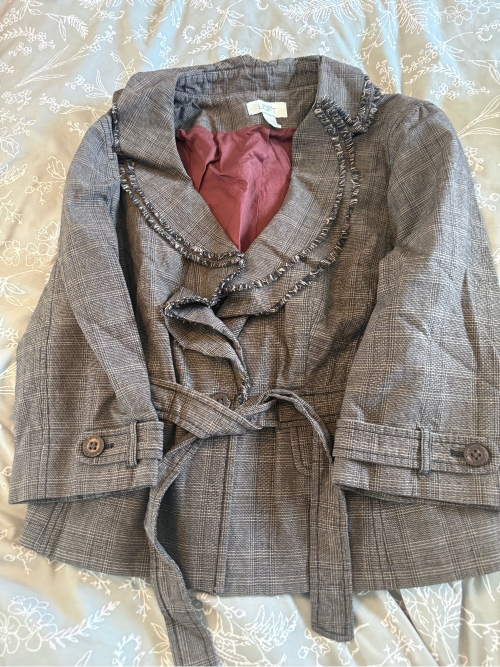 Ann Taylor Brown Plaid Ruffle-Trim Belted Blazer with Mauve Lining